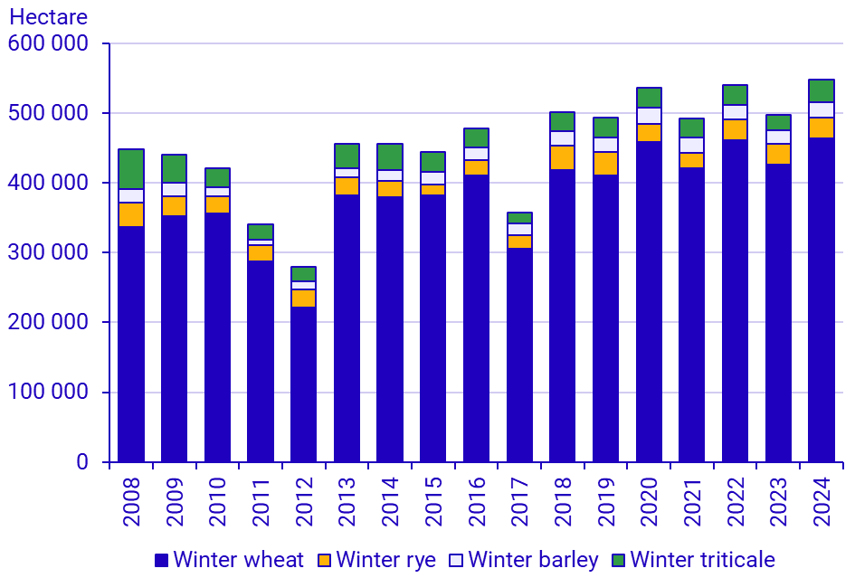 Graph: Areas of cereals sown in the autumn 2006–2024